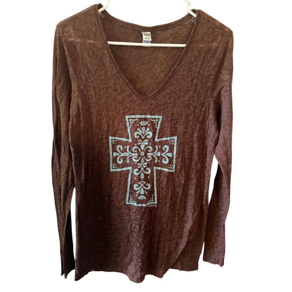 Kavio Womens Brown Burnout Long Sleeve V-Neck‎ Graphic Cross Tee Shirt Large